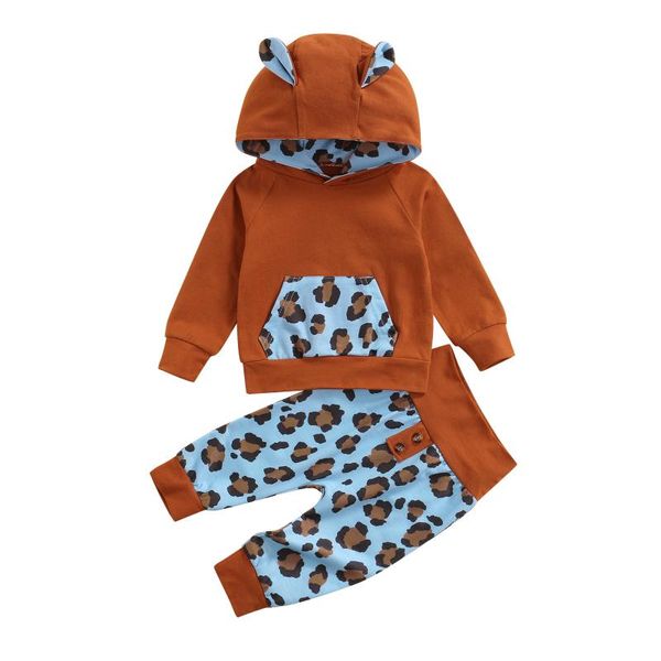 Ensembles de vêtements 2023 0-18M Born Baby Survêtement Imprimé Léopard Patch À Manches Longues Oreilles 3D Sweat À Capuche Pantalon Garçon Fille Automne 2pcs