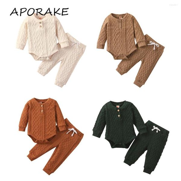 Ensembles de vêtements 2023 0-24M bébé fille garçon à manches longues col rond bouton tricot barboteuse haut décontracté sarouel pantalon printemps automne 2 pièces ensemble