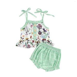 Conjuntos de ropa 2023-03-07 Lioraitiin 0-4Years Baby Girls 2 piezas Ropa de verano Traje Hojas Estampado de flores Peplum Camisole Loose Fit Shorts