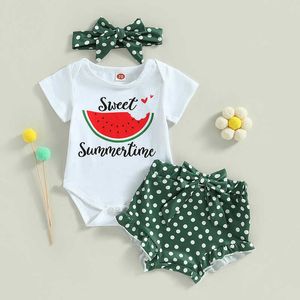 Kledingsets 2023-03-09 0-18M Pasgeboren Baby Meisje 3 Stuks Zomer Mode Kleding Off Schouder Watermeloen Gedrukt bodysuit Dot Shorts