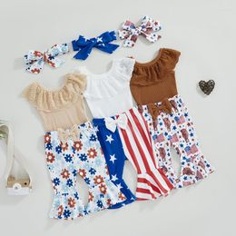 Ensembles de vêtements 2023-04-15 Lioraitiin 0-18M Infant Girls 3Pcs Independence Day Floral Lace Round Neck Romper Tops Bell-Bottoms Pants HeadBand