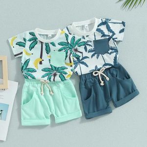 Conjuntos de ropa 2023-04-21 lioraitiin 2-3 años preescolar para bebés 2pcs ropa de verano playa estampado de árbol de manga de manga corta camiseta de escote d240514