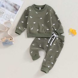Kledingsets 2023-08-01 0-3Y Baby Baby Jongenskleding Sets Cartoon Dinosaurus Print Lange Mouw Sweatshirt Elastische Broek 2 Stuks