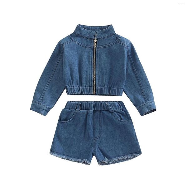 Ensembles de vêtements 2023 1-6Y mode enfants fille Denim col roulé à manches longues fermeture éclair vestes Shorts bébé automne tenues ensemble 2 pièces