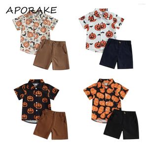 Ensembles de vêtements 2023 1-6Y Halloween 2pcs Toddler Boys Outfits Short Sleeve Pumpkin Print Button Down Shirt Shorts Set Summer Gentleman Vêtements