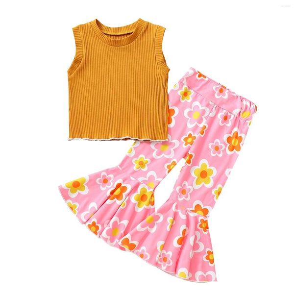 Conjuntos de ropa 2023 1-6Y verano niños niña naranja sin mangas cuello redondo Tops chaleco Floral pantalones acampanados conjunto de trajes de bebé dulce