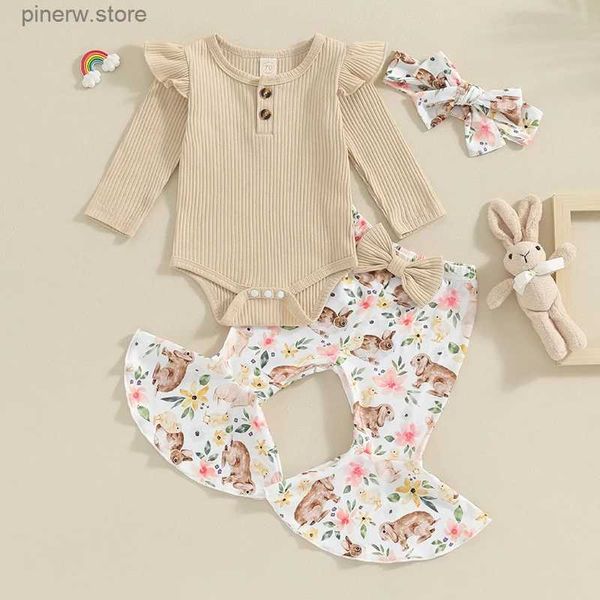 Conjuntos de ropa 2023-11-03 Lioraitiin Conjunto de Pascua para niña bebé, mameluco de manga larga acanalado liso con pantalones acampanados y diadema con estampado de conejito de flores