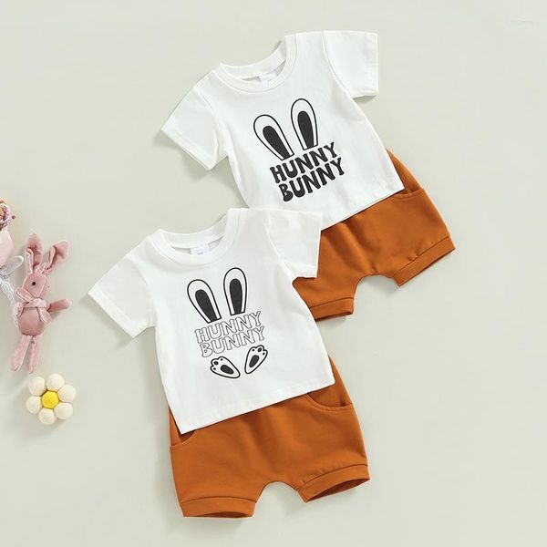 Ensembles de vêtements 2023-11-18 Lioraitiin 0-18M Bébé Garçons Pâques Ensemble À Manches Courtes Lettres Lapins Imprimer T-shirt Avec Short À Taille Élastique