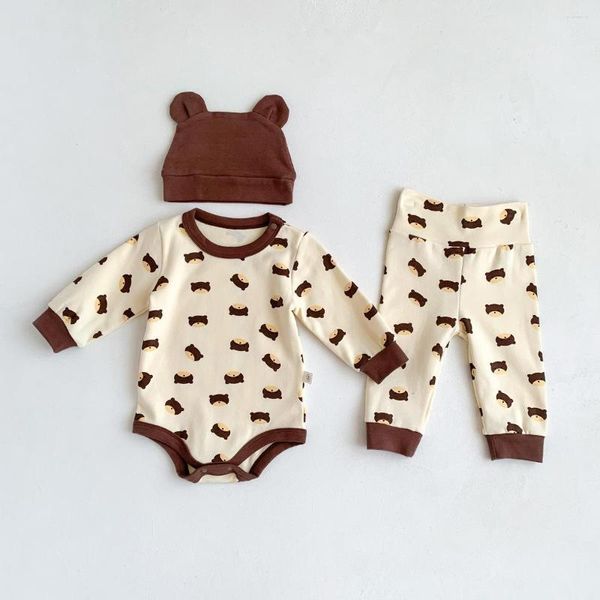 Ensembles de vêtements 2023 automne 3 pièces bébé vêtements garçons dormir dessin animé ours body coton Leggings chapeau infantile filles