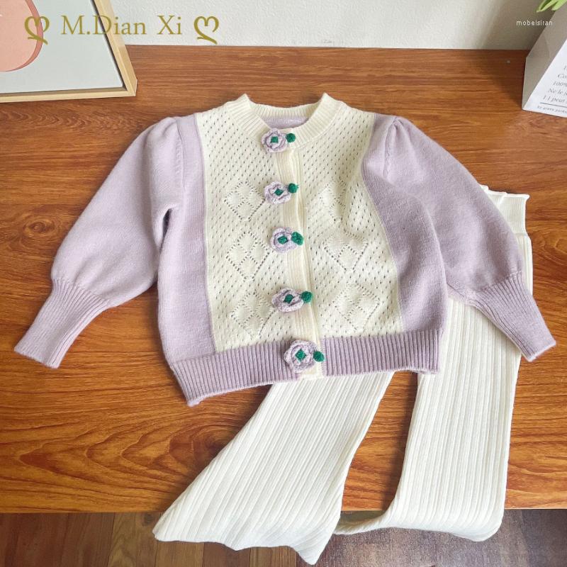 Clothing Sets 2023 Autumn And Spring Girls' Knitted Set Cute Flower Hollow Cardigan Pants Children Fashion Kids Outfit