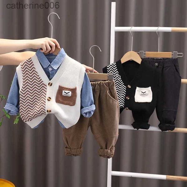 Ensembles de vêtements 2023 automne bébé garçon tenue à manches longues tricoté cardigan gilet hauts avec pantalon en velours côtelé chemise à col rabattu 3 pièces ensemble de vêtements l231202