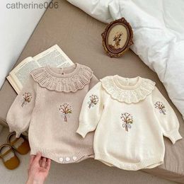 Ensembles de vêtements 2023 automne bébé filles vêtements body enfant en bas âge tricot fin une pièce broderie bébé pull combinaison l231202