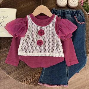 Kledingsets 2023 Herfst Kinderen Baby Meisjes 3 Stuks Kleding Katoen Lange Mouw Mesh Tops Bloem Holle Vest Denim Kant zoom Uitlopende Broek Pak