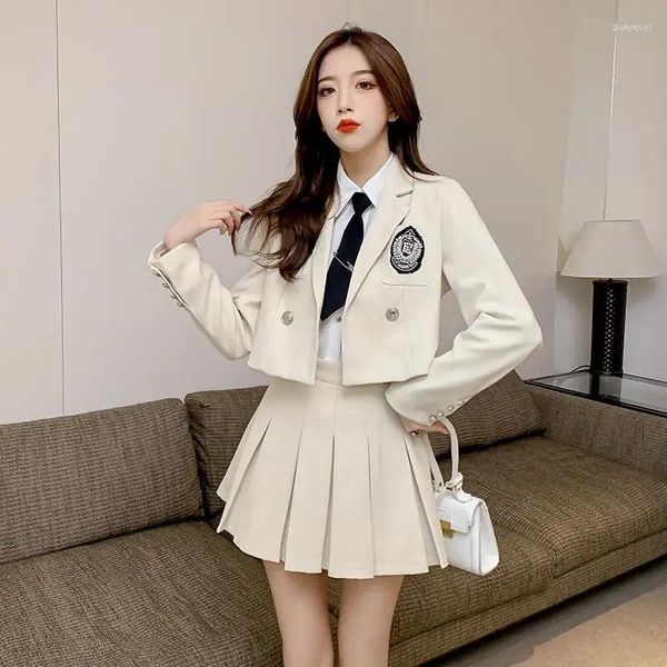 Conjuntos de ropa 2023 otoño Corea estilo japonés Jk conjunto chaqueta tipo traje corto camisa blanca Falda plisada uniforme de moda G834