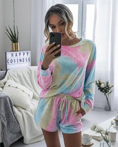 Kleding Sets 2023 Herfst Loungewear Vrouwen Tie Dye Shorts Lounge Wear Pyjama Set Pak Thuis Lange Mouw Homewear Nachtjapon 2 stuks