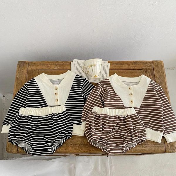 Conjuntos de ropa 2023 Otoño Rayas Bebé Infantil Niño Niños Niñas Punto Jersey Manga larga Top Buwrap Pantalones Conjunto de dos piezas 0-24M