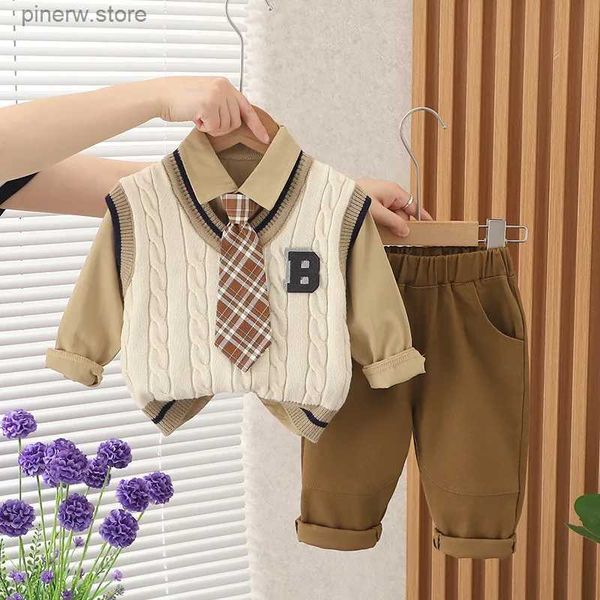 Ensembles de vêtements 2023 Automne Hiver Bébé Garçon Vêtements 1 à 5 ans Col V Pull sans manches Gilet + Chemises + Pantalons Tenues Ensemble de vêtements pour enfants