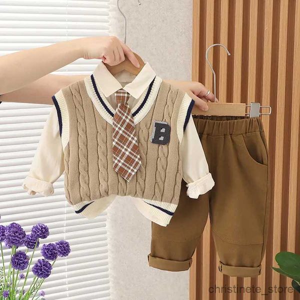 Ensembles de vêtements 2023 automne hiver bébé garçon vêtements 1 à 5 ans col en v pull sans manches gilet + chemises + pantalons tenues ensemble de vêtements pour enfants R231215