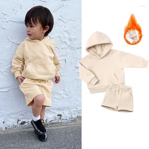 Ensembles de vêtements 2023 Automne Hiver Costume de sport pour enfants 1-12 ans Garçons et filles à manches longues à capuche épaissie Shorts deux