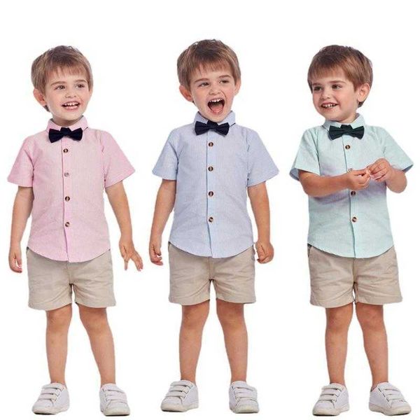 Ensembles de vêtements 2023 Ensembles de tenues pour bébés garçons Vêtements d'été pour enfants Costume de mode Infant Boy Chemise rayée Salopette courte Rose Costumes de style Angleterre W230210