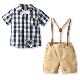 Ensembles de vêtements 2023 bébé garçons costume été enfants vêtements à manches courtes chemise à carreaux et ceinture pantalon ensemble enfants Costumes pour anniversaire usine Sal