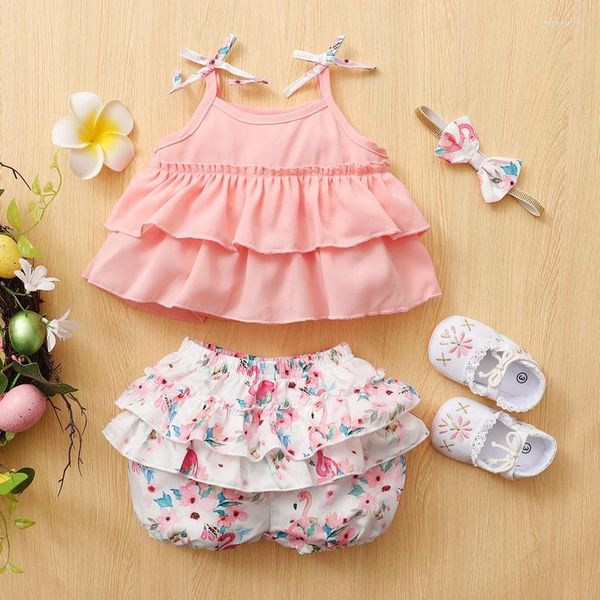 Ensembles de vêtements 2023 Baby Girl tenue 3pcs Sling sans manches Ruffle Tops Flower Floral Shorts pantalons Band Toddler Bandle Clothes Sweet