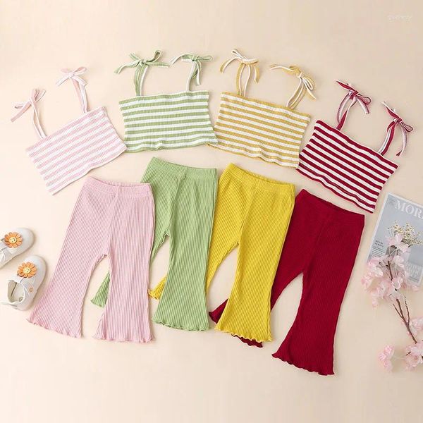 Conjuntos de ropa 2023 Baby Girls Outfit Moda coreana Verano Algodón Pit Stripe Suspender Camisa Pantalones acampanados 6-24 meses Pantalones Ropa 2pcs