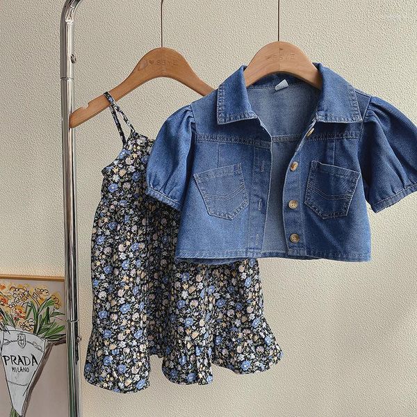 Conjuntos de ropa 2023, conjunto de verano para niñas pequeñas, chaquetas vaqueras, vestido Floral para niños, moda informal para niños, trajes de 2 uds de cumpleaños, ropa