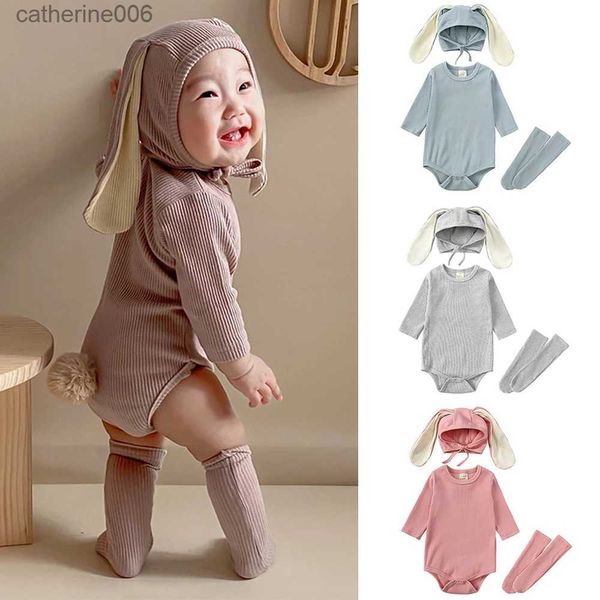 Sets de ropa 2023 Baby Rabbit Pascente de Pascua Sombrero de orejas de orejas Calcetines de algodón sólido 0-24m Corea linda niña pequeña