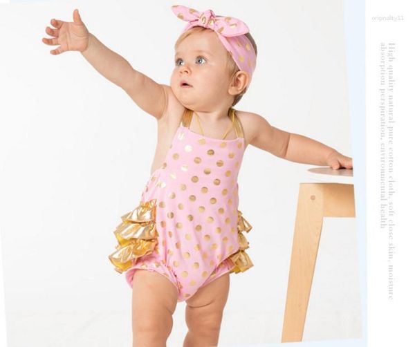 Ensembles de vêtements 2023 anniversaire mignon bébé fille à pois barboteuses avec dentelle à volants et arc bandeau pour cadeaux de noël or rose