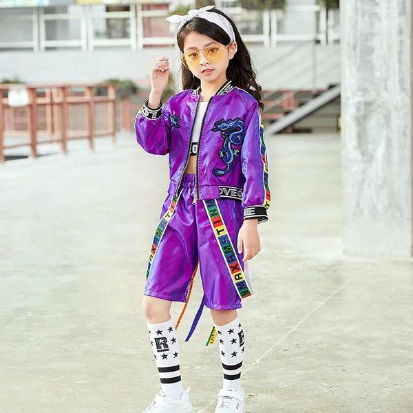 Ensembles de vêtements 2023 Costumes de danse tendance de la mode enfants Costume hip-hop filles vêtements de scène violet rue 2 pièces Jazz adolescent