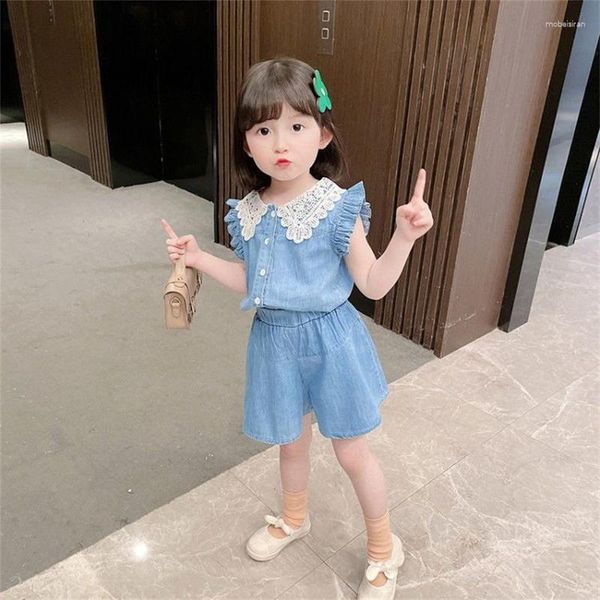 Ensembles de vêtements 2023 filles robe d'été costume femme bébé à la mode coréenne haut sans manches short en jean deux pièces