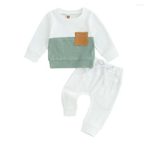Kledingsets 2023 Baby Baby Boy Herfst Broek Outfits Wafel Kleurblok Lange Mouw Sweatshirts Set Peuter Jongens 2 Stuks Outfit