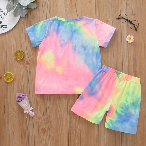 Conjuntos de ropa 2023 Niños Niñas Traje casual Conjunto Tie-Dye Print Cuello redondo Camiseta de manga corta Pantalones para verano 1-7 años