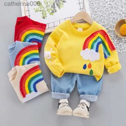 Ensembles de vêtements 2023 Corée du printemps automne enfants Girl Girl Vêtements Sweet-en-ciel arc-en-ciel à manches longues Jeans Baby Girl Pant Girl Setl231202