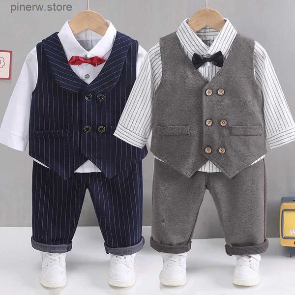 Conjuntos de ropa Conjunto de traje de caballero a cuadros de color sólido para niños, camisa con corbata para niño, pantalones, conjunto de tres piezas, vestido formal para bebé, novedad de 2023