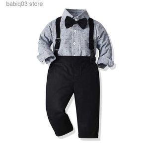 Conjuntos de ropa 2023 Nueva ropa para niños de dos piezas para niños con cuello de polo Camisa de algodón jacquard de manga larga Pantalones con correa T230720