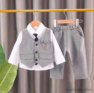 Ensembles de vêtements 2023 nouvelle mode vêtements pour enfants bébé chaîne gilet gentleman costume garçon couleur unie gilet cravate chemise trois robes de soirée formelles R231127