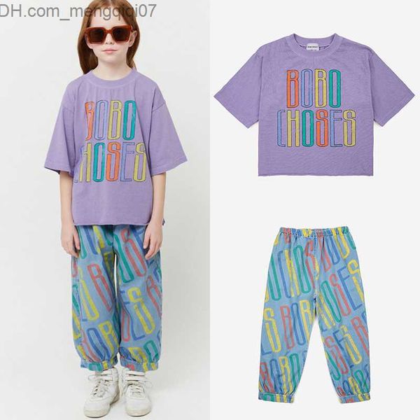 Ensembles de vêtements 2023 Nouvel été Bobo T-shirt pour enfants Jeans Garçons et filles Violet Ensemble complet pour enfants BC Casual and Cute Pantpress Set Z230717