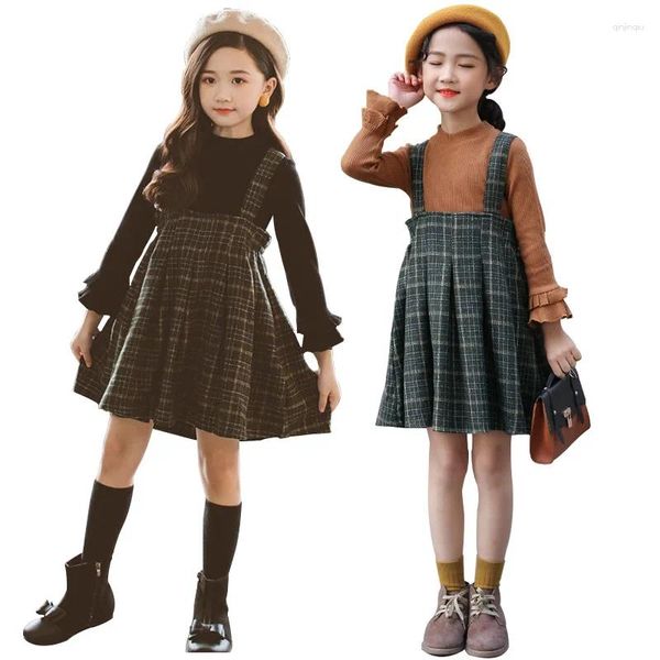 Ensembles de vêtements 2023 Plaid Mignon Bébé Fille Tenues Pull Robe Printemps Enfants Vêtements Automne Mode Sangle Adolescent Enfants Cosume