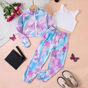 Kledingsets 2023 Set Meisjes Lange Mouw Rits Paars Tie-dye Broek Leuke 2 Stuks Casual Kleding 5-9T