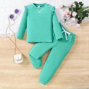 Ensembles de vêtements 2023 Ensemble filles manches longues col rond volants pantalon violet mignon 2 pièces vêtements décontractés 5-9T