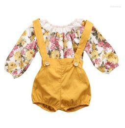 Ensembles de vêtements 2023 modèles de printemps et d'automne mode européenne barboteuse imprimée florale pour enfants pantalon à bavette bébé filles 2 pièces ensemble