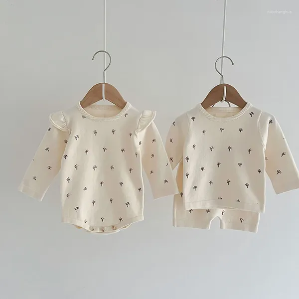 Ensembles de vêtements 2023 printemps bébé tricoté ensemble coton à manches longues garçon fille vêtements floral barboteuse 2 pièces pull