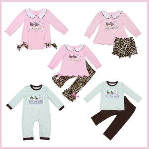 Ensembles de vêtements 2023 Style 2pc Combinaison bébé à manches longues Ensemble fille vêtements barboteuse bulle costume canard broderie body tenues pantalon léopard 231207