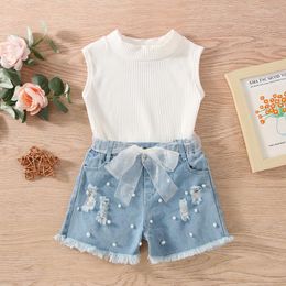 Ensembles de vêtements 2023 costume pour filles été blanc coton Pit haut rayé Denim perlé Shorts cassés enfants gilet 2 pièces ensemble enfants Jeans