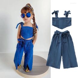 Ensembles de vêtements 2023 Été 2 pièces Ensemble Vêtements pour enfants Denim Co-ord Jeans Survêtements Wash Blue Vintage Acubi Pantalons pour enfants pour filles 1-7 ans