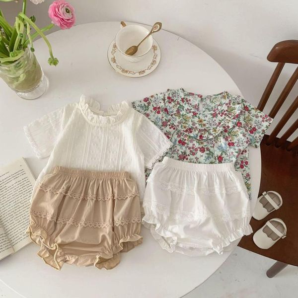 Conjuntos de ropa 2023 Summer Baby Girl Ropa de manga corta Conjunto de encaje Collar Floral Camisetas Pantalones cortos 2pcs Traje Trajes de princesa de algodón fino