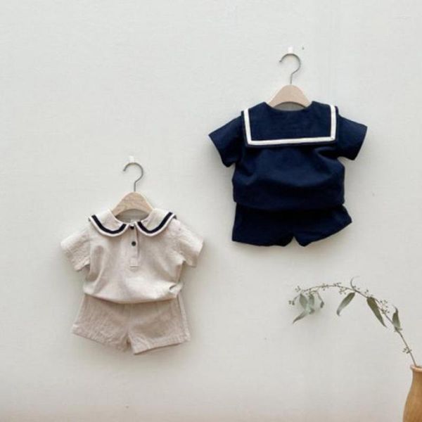 Conjuntos de ropa, verano 2023, ropa de manga corta para bebé, niño niña, camiseta con cuello azul marino, conjunto de pantalones cortos, trajes de algodón para chico, traje de 2 uds para niño