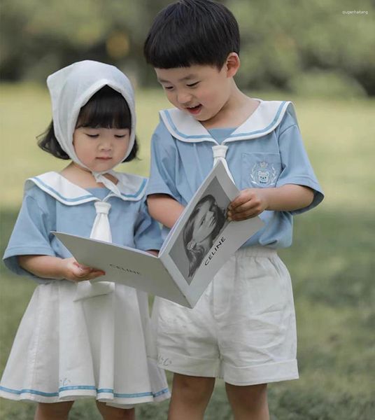 Conjuntos de ropa 2023 verano niños niños niñas uniforme escolar marinero cuello camisas cortas faldas hermana hermano trajes